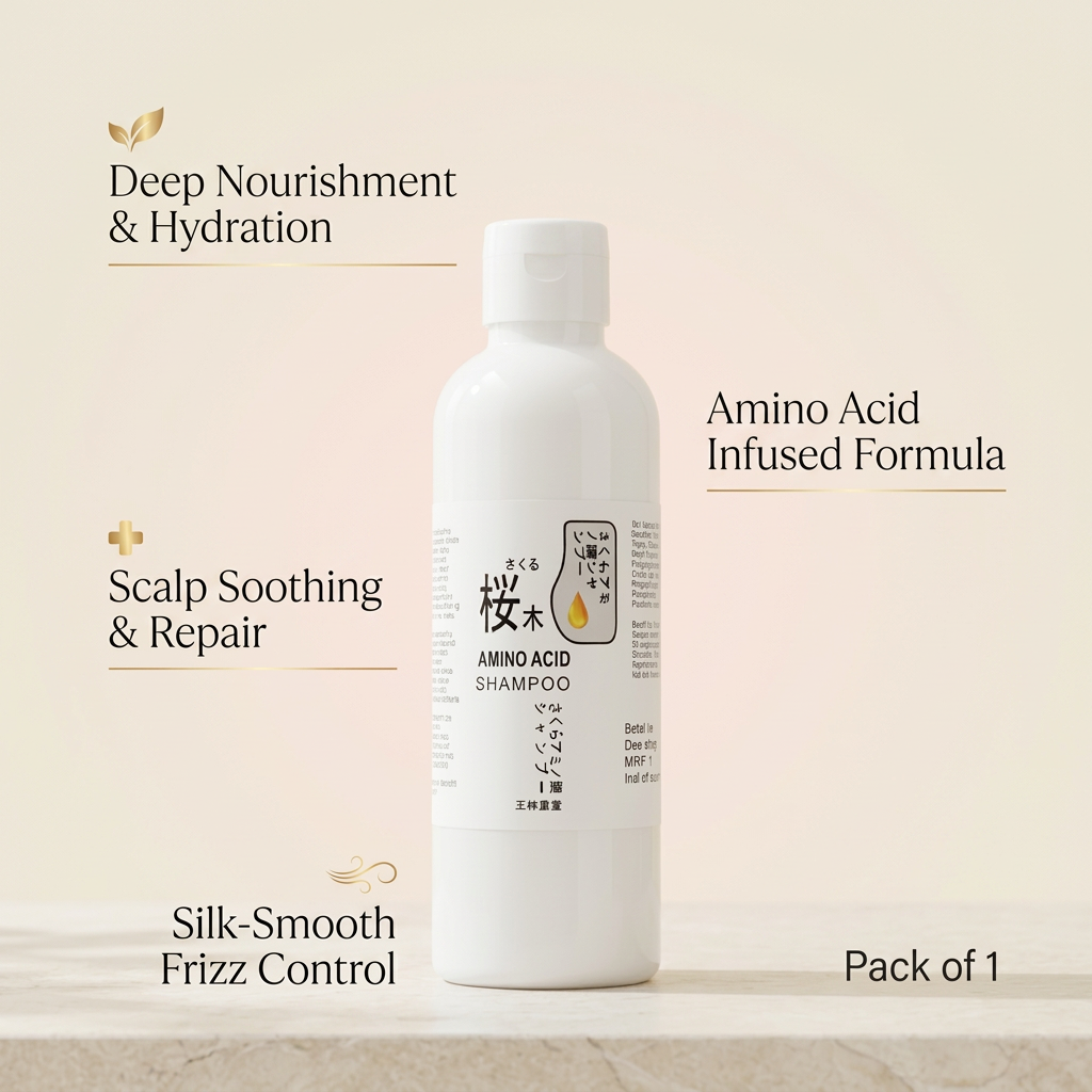 Premium Sakura shampoo product shot with minimal informational callouts